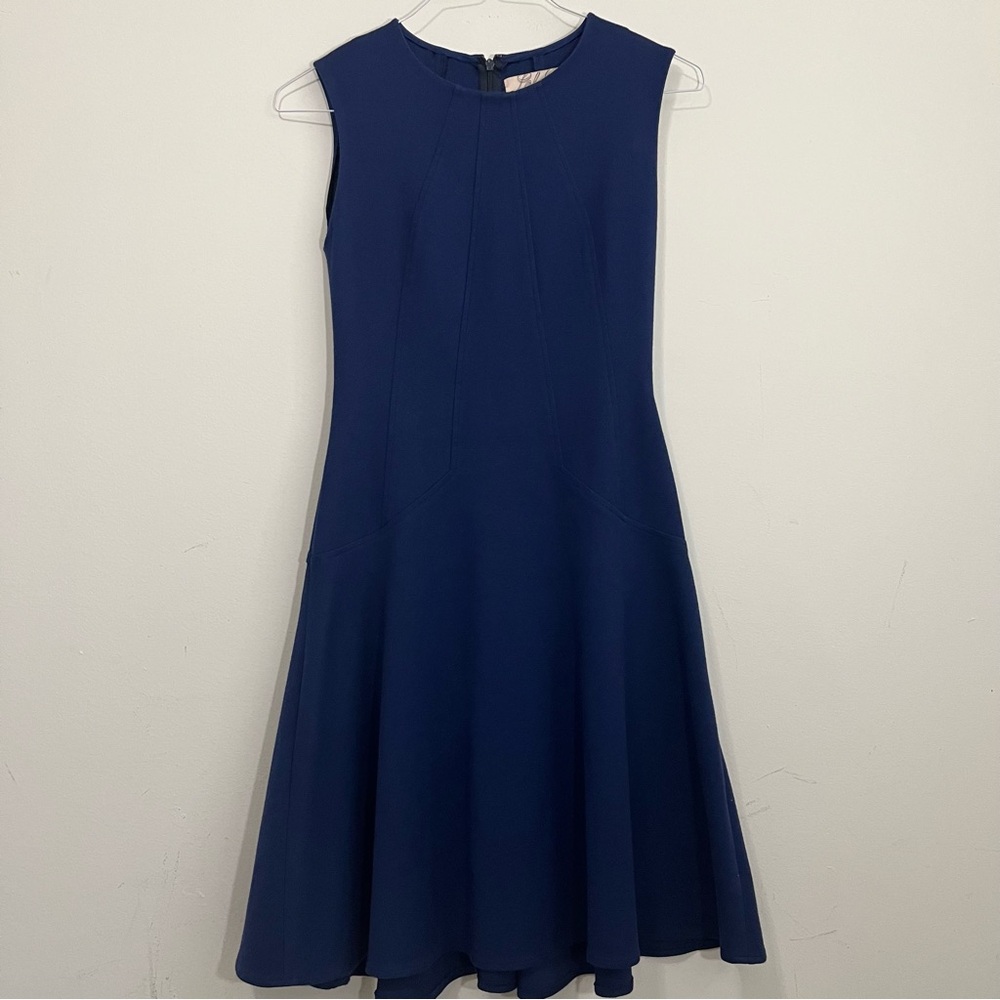 Lela Rose Blue Fit & Flare A-line Dress Stretch Crepe Silk Seamed Size 4 Career